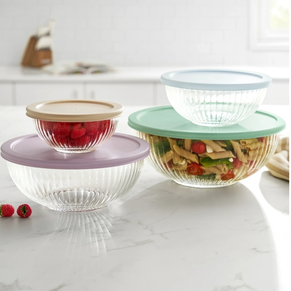 ❤️ The Pioneer Woman Glass Mixing Bowl Set with Multicolor Lids
